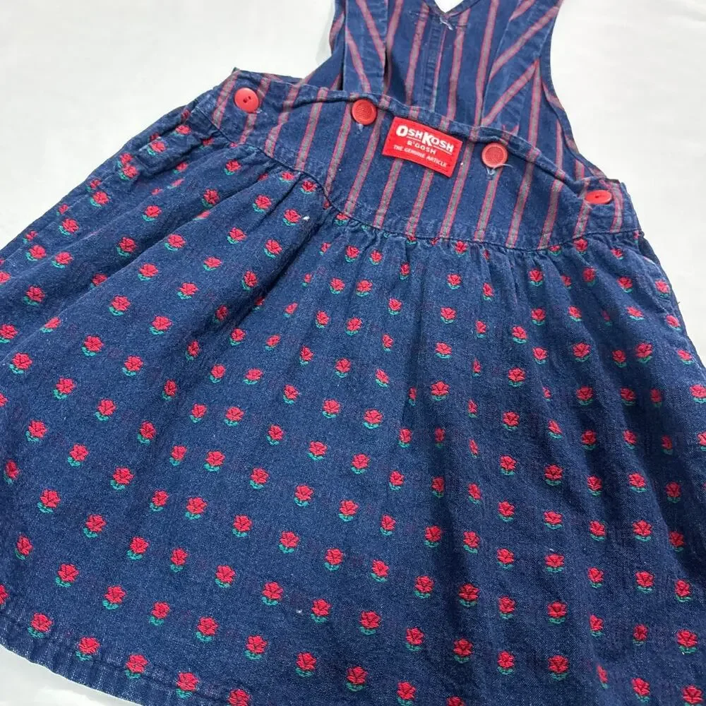 OshKosh B'Gosh Kids Vintage Paper Tag Girls 4 Rose Floral Denim Overall Dress